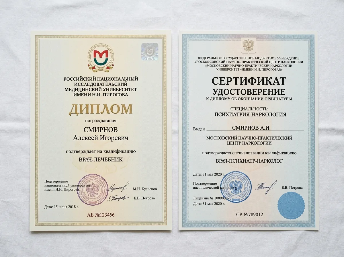 Диплом и сертификат врача-нарколога наркологической клиники, документы об образовании на белом фоне